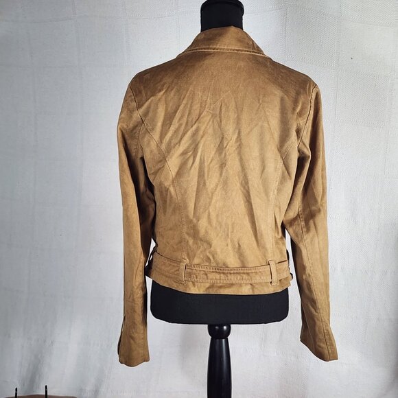 Wildflower Tan Poly Faux Suede Belted Cropped Moto Jacket with Gold Accents Sz M - Picture 13 of 16